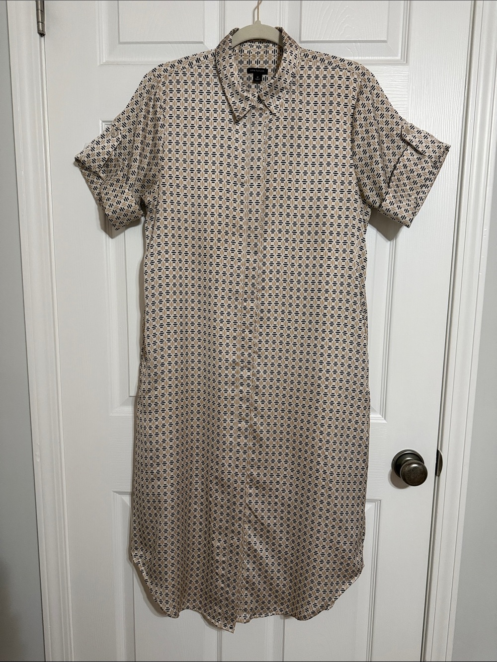 Ann Taylor Beige and Navy Printed Midi Shirt Dress